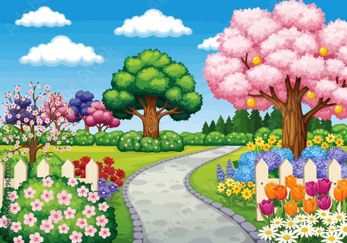 A winding path through a vibrant spring garden with blooming trees and flowers