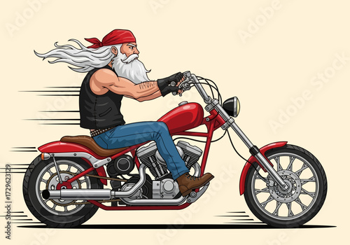 Santa claus riding a red motorcycle with long white hair