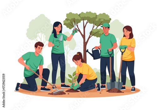 Group of diverse people planting a tree together in a park