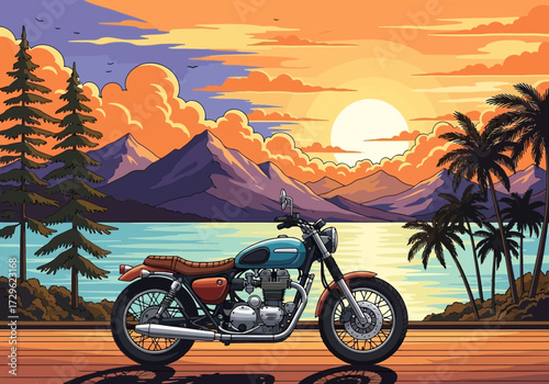 Classic motorcycle parked by the ocean at sunset with mountains