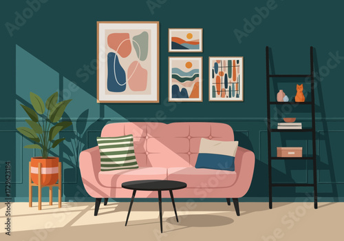 Cozy living room with pink sofa, artwork, and plant