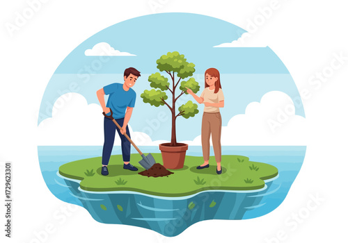 Couple planting a tree on a small island in the ocean