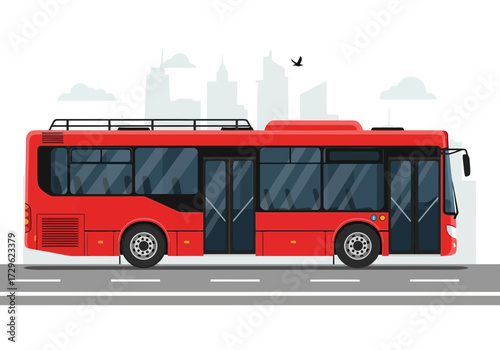 Red articulated bus with rooftop luggage rack