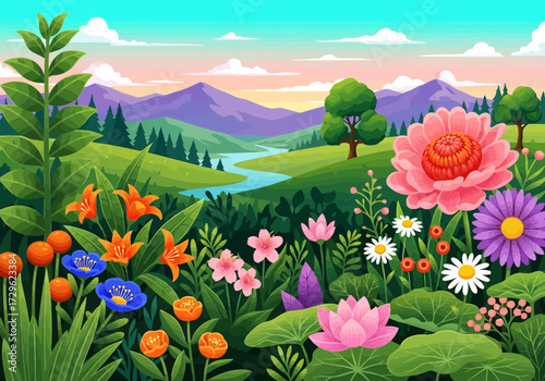 Pixel art landscape with vibrant flowers, rolling hills, and mountains
