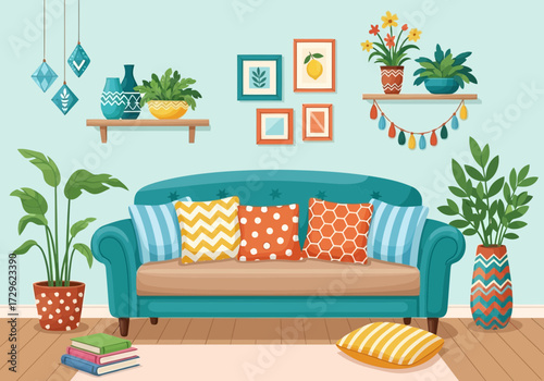 Cozy living room with teal sofa, plants, and decorative wall art