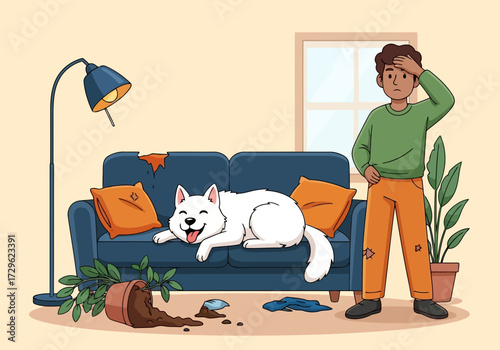 A dog lies on a couch while a man looks frustrated at a mess