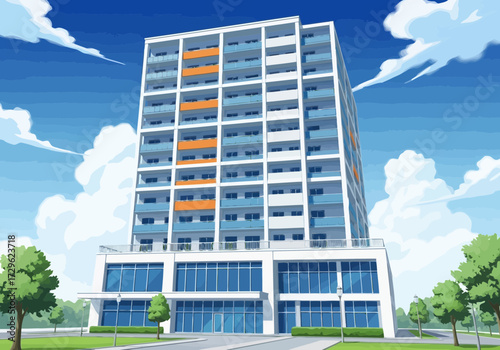 Modern apartment building with balconies against a blue sky