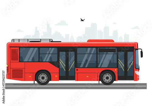 Red city bus with multiple doors on a road with cityscape background