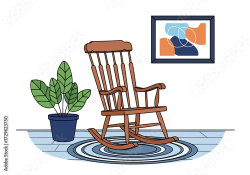 Cozy wooden rocking chair with a potted plant and artwork