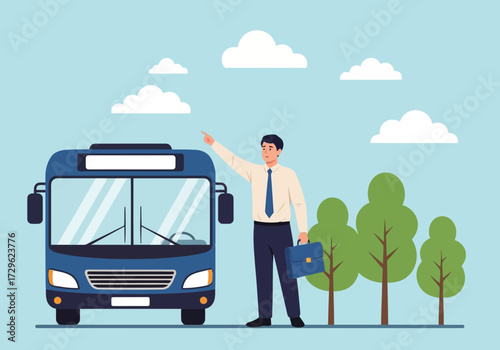 Man in suit pointing at bus with briefcase, waiting for transport
