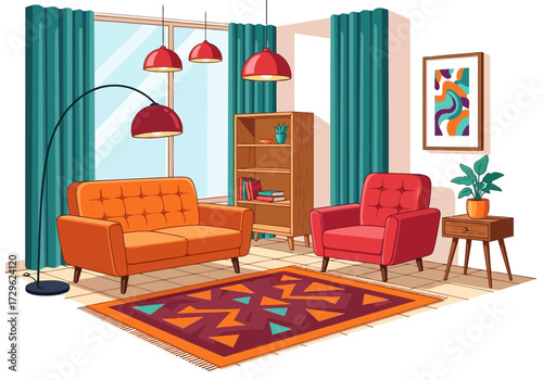 Cozy living room with vintage furniture and colorful rug