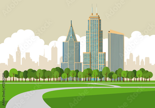Modern cityscape with skyscrapers and green park in foreground