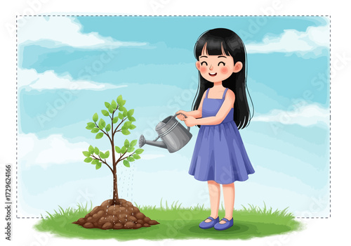 A young girl waters a newly planted tree in a grassy field