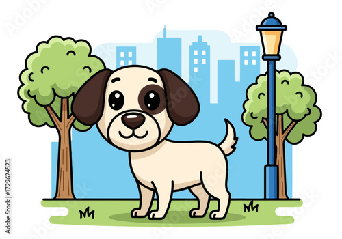 Cute cartoon puppy dog standing in a park with trees and buildings