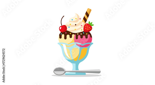 Vibrant vector illustration of a delicious ice cream sundae in a glass, featuring colorful scoops, whipped cream, fresh fruit, and a wafer stick
