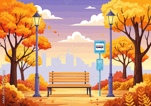 Autumn park scene with bench and streetlights, city skyline in background