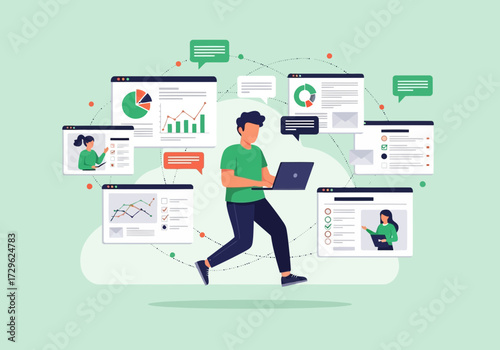Man running with laptop surrounded by data charts and communication bubbles