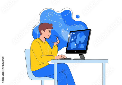 Man drinking coffee while working on a computer
