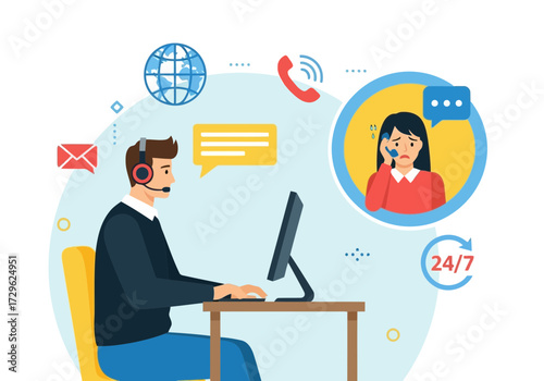 Customer service operator working on computer with headset and icons