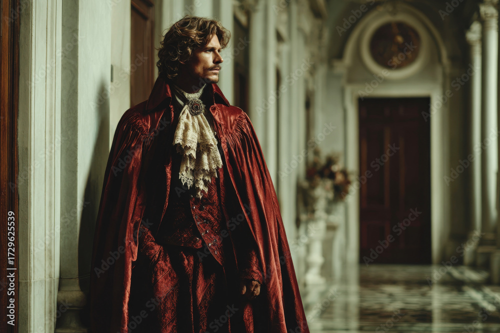 Naklejka premium Distinguished Man in Burgundy Velvet Cloak with Lace Jabot Classical Palace Interior