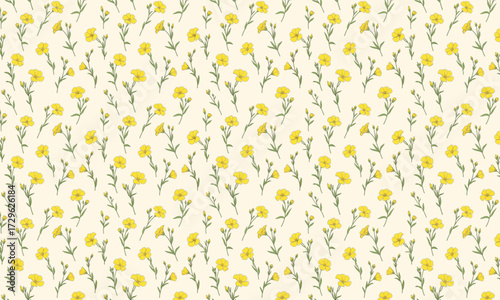 Yellow Flax Flower Pattern on Cream Background .