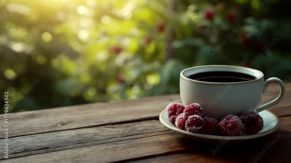 Obraz premium Photo of a cup with black coffee and frozen raspberries on a wooden table, with a garden background, sunlight, and a summer setting