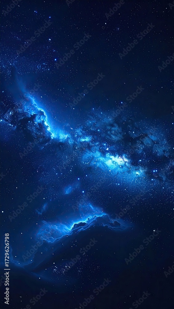 Obraz premium Abstract Deep Blue Galaxy Nebula with Sparkling Stars and Space Dust Floating in the Dark Vastness of Cosmos and Celestial Light