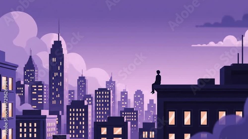 Silhouette of Person Sitting on Rooftop Overlooking City at Dusk prob4