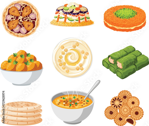 Colorful collection of classic Middle Eastern dishes including Musakhan, Maqluba, Kanafeh, Falafel, Hummus, Dolma, Pita Bread, Lentil Soup, and Ma’amoul cookies, perfect for culinary, and food themes