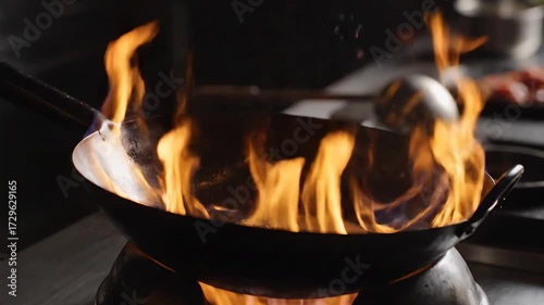 Wok on Fire Cooking Food with Intense Flames Scene Prob4