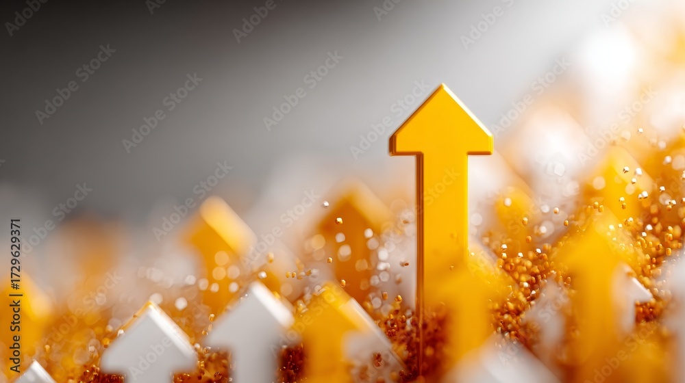 Fototapeta premium 3D yellow arrows pointing upwards in flat lay composition on white background, representing stock market growth and positive financial trend.
