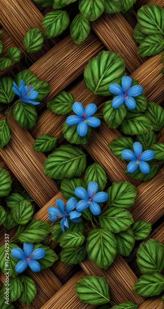 Fototapeta premium A visually appealing design featuring vibrant blue flowers and lush green leaves artfully arranged amidst a textured backdrop of interwoven, light brown wooden slats.