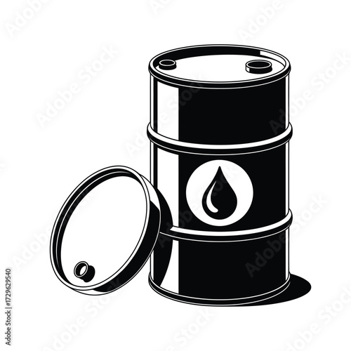 Black oil barrel with a drop symbol and detached lid
