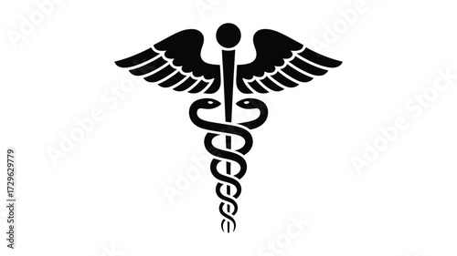 Black caduceus symbol with wings and snakes on white background