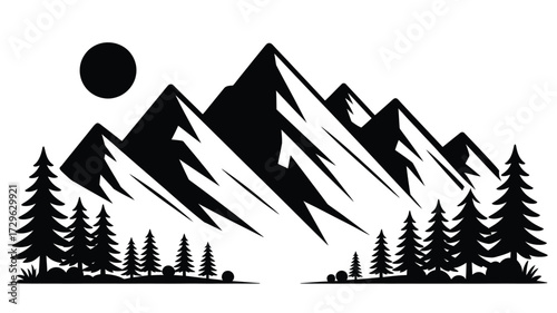 Black and white silhouette of majestic mountains and pine trees