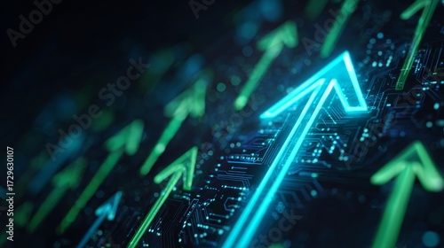 Blue and green arrows pointing upward on digital tech background with circuitry elements, representing stock market growth and business data analysis concept.
