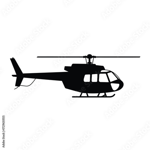 Silhouette of a modern helicopter in flight against a white background