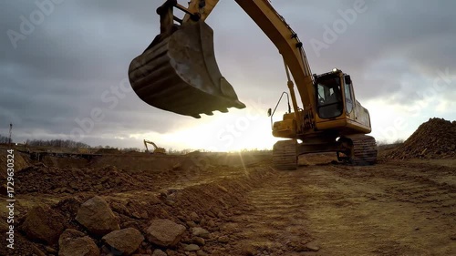 Yellow Excavator Digging at Construction Site in Sunset Prob4