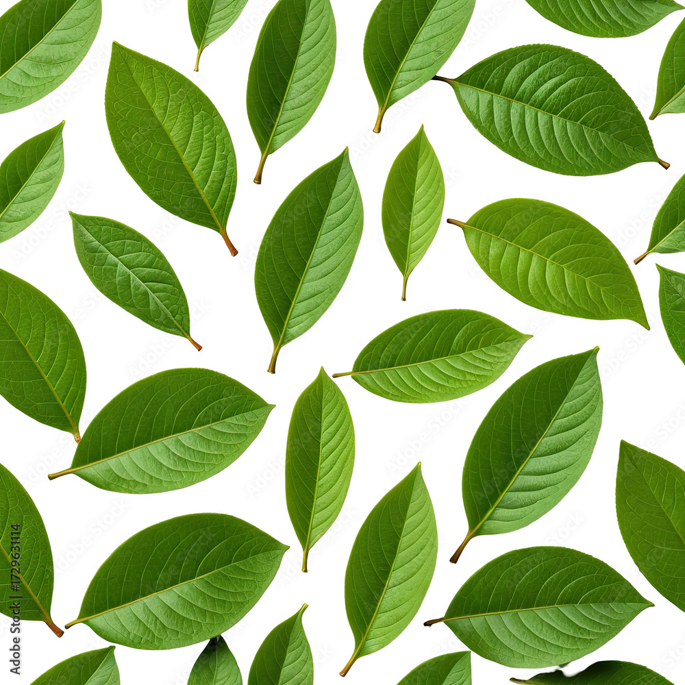 Naklejka premium Lush green leaves scattered against a black background, vibrant texture
