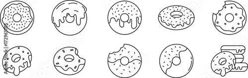 Cute cartoon donut doodle set in simple line art