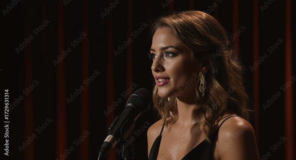 Naklejka premium Portrait of a Person Speaking into Microphone on Stage, Elegant Dress and Jewelry, Singing or Presenting