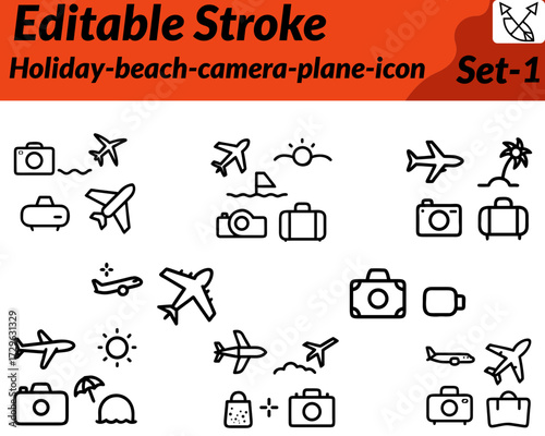 A happy cartoon traveler in sunglasses holding a camera, standing on a sunny beach with palm trees. A plane flies overhead, suitcase nearby, symbolizing vacation travel and adventure.