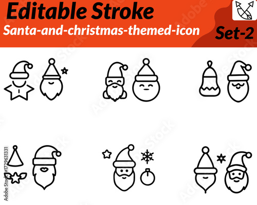 Santa and christmas themed ico. A jolly cartoon Santa with a big red hat and white beard. carrying a sack of gifts Surrounded by Christmas tree snowflakes candy canes and twinkling stars spreading.