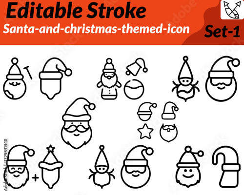 Santa and christmas themed ico. A jolly cartoon Santa with a big red hat and white beard. carrying a sack of gifts Surrounded by Christmas tree snowflakes candy canes and twinkling stars spreading.