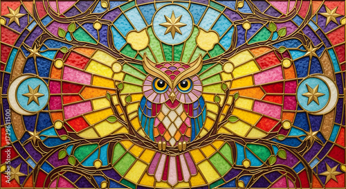 Stained Glass Owl with Rainbow Sky and Celestial Symbols, Perfect for Backgrounds, Prints, Wall Art, Frame TV Art or 4K Wallpapers