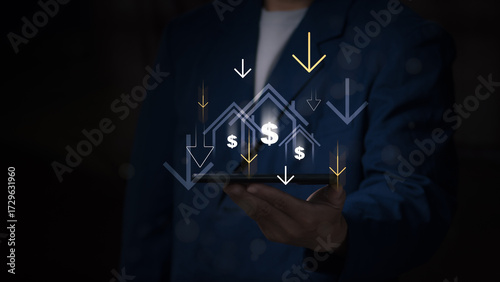 Real estate market decline due to central bank interest rate cuts, a businessman showing decreasing property value, and slow sales