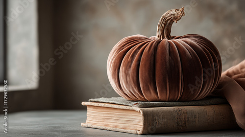 Pumpkin in Mocha Mousse brown velvet, softly lit by window light. A minimalist and elegant product shot for luxury autumn decor.