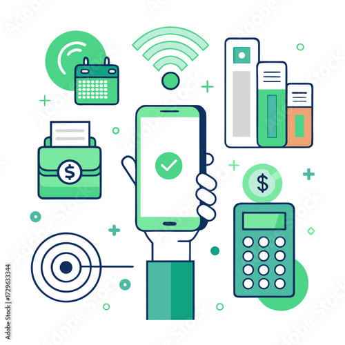 A cohesive set of icons showing a hand tapping a phone on a terminal, a smartwatch near a reader, and a simple "contactless" symbol. Clean lines, positive green accent color for success.