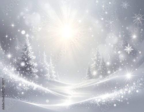 Silver winter wonderland scene with sunburst, snow-covered trees, and sparkling snowdrifts