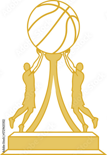 Golden basketball trophy with two stylized players holding up the ball award